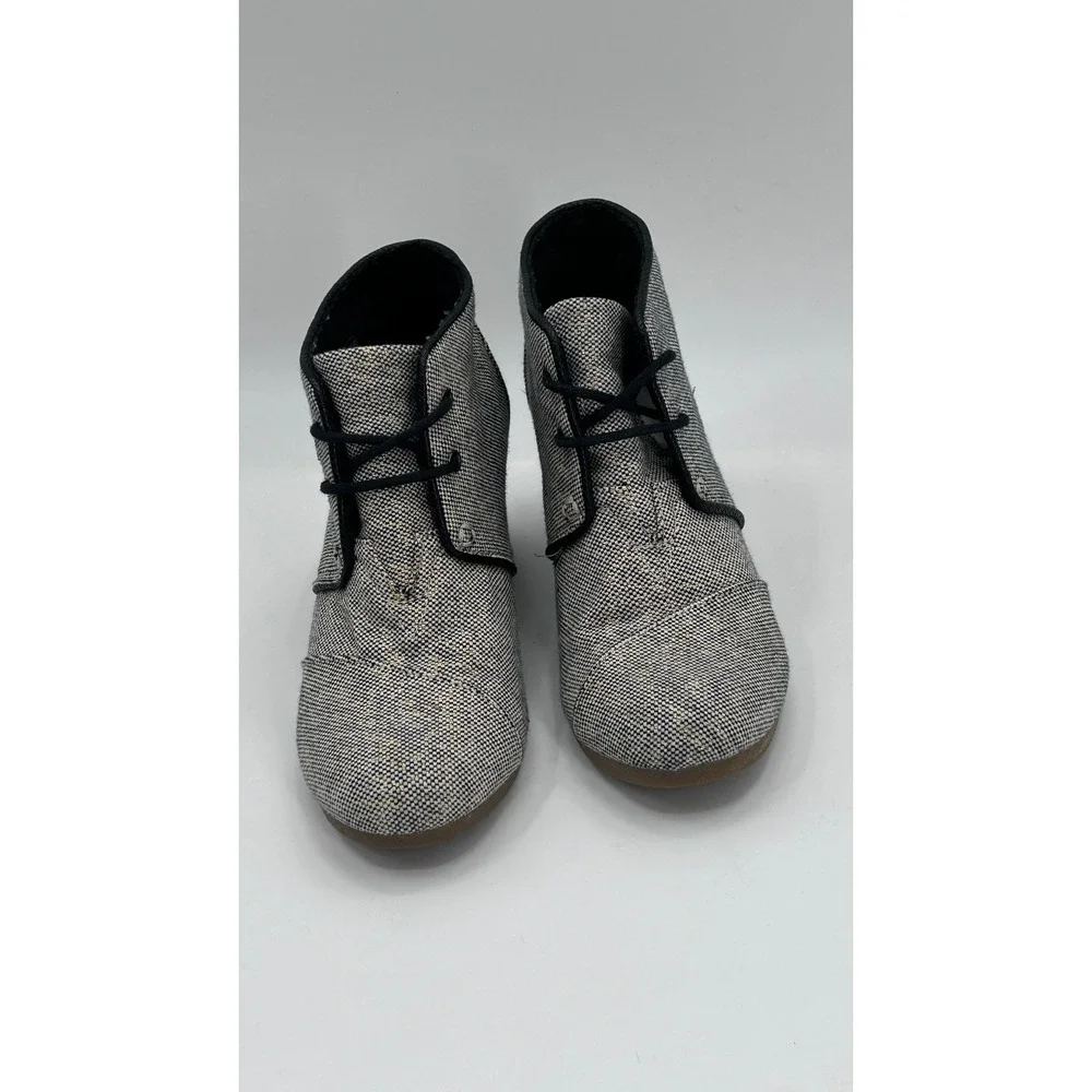 Toms Desert Wedge Linen Tweed Black White Metallic Gold Lace-up Ankle Bootie 7